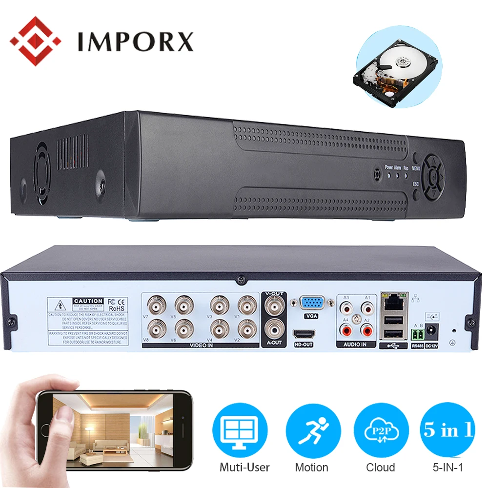 8CH CCTV NVR Recorder 1080P Onvif IP Camera Security System 5 In 1 DVR with Cloud P2P,eSATA/TF/USB Remote Control