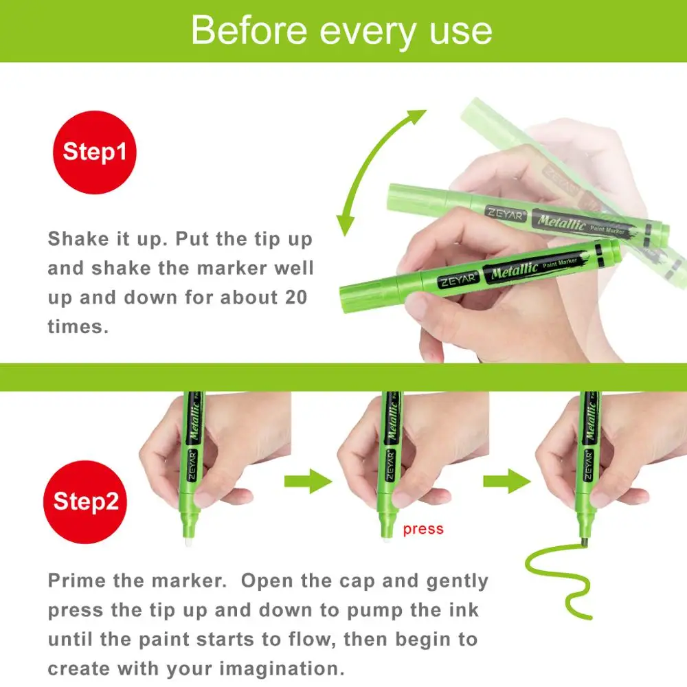 Customization  ZEYAR Metallic Paint Marker Water-based Valve Action Paint Pens, Medium Point Acrylic Tip, 12 colors