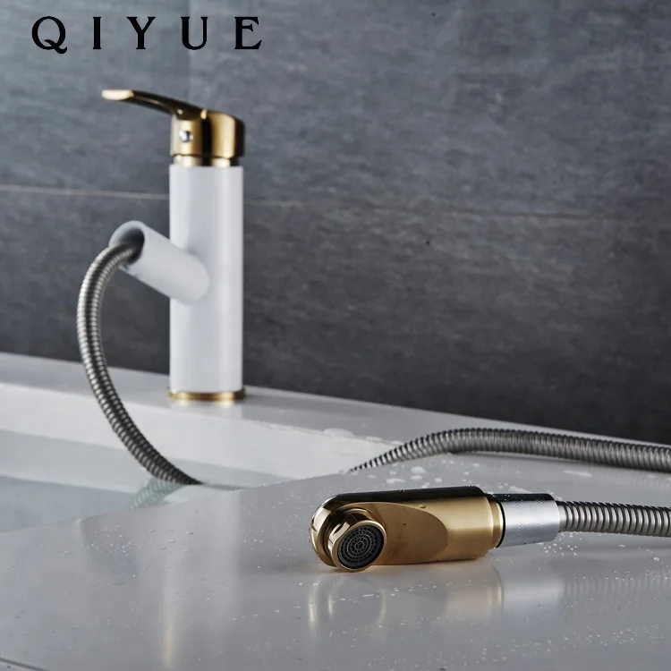 Hot selling single handle hot and cold water white golden pull out bathroom basin faucet mixer tap