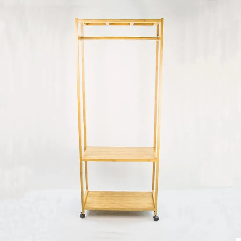 
BAMBKIN Bamboo 2-tier storage coat rack with shoe rack shelves clothes hanger standing with wheel 