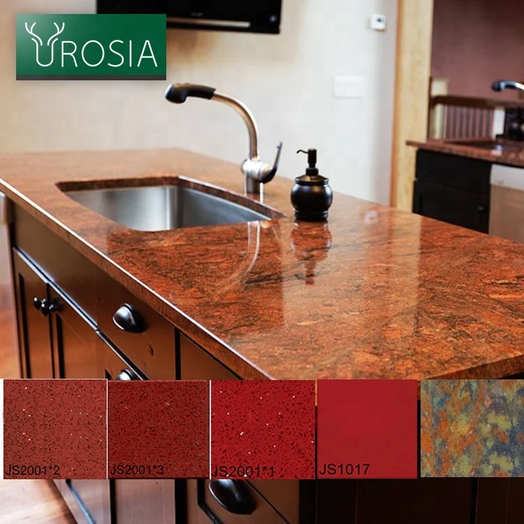 Low Price Artificial Composite Red Granite Quartz Stone Countertop Slab For Kitchens