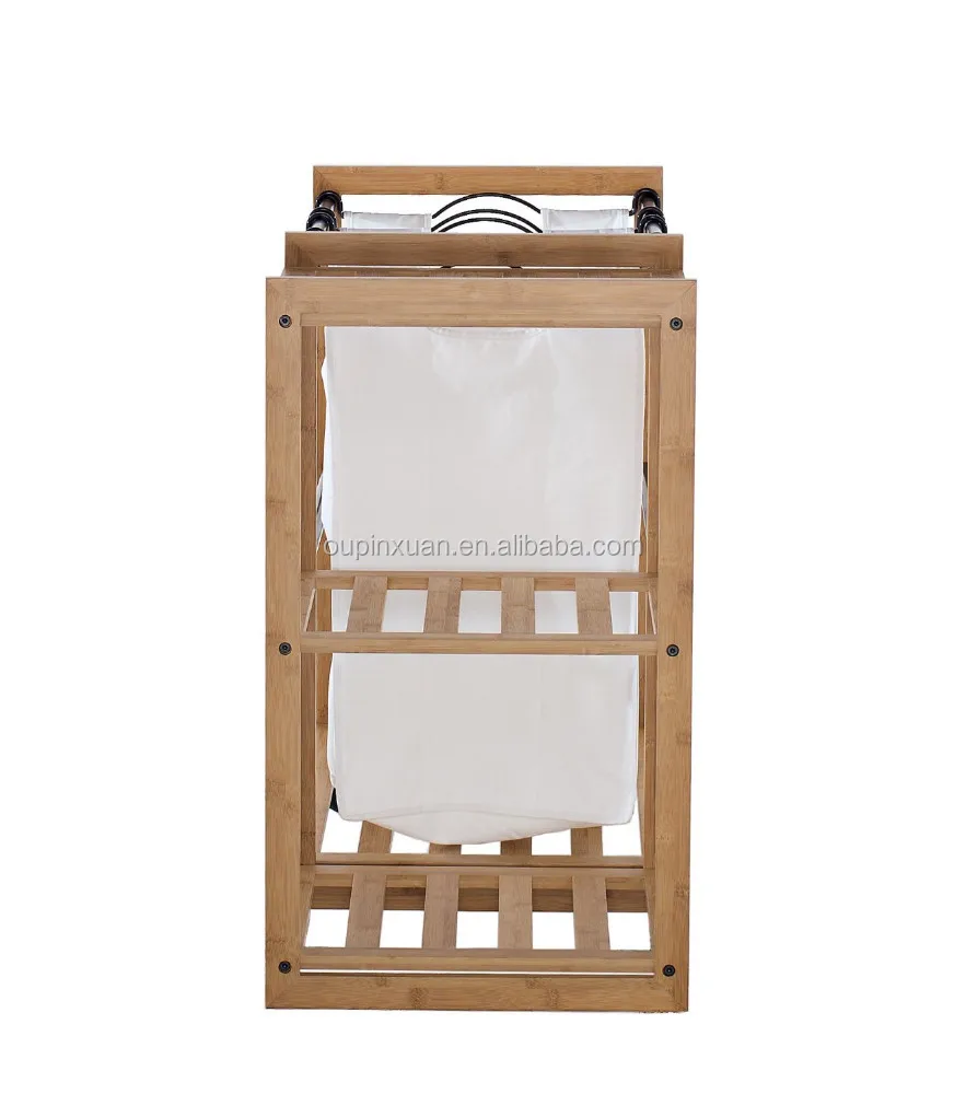 3-Bag Bamboo hot sale laundry cart laundry hamper with bathroom shelf bathroom storage rack