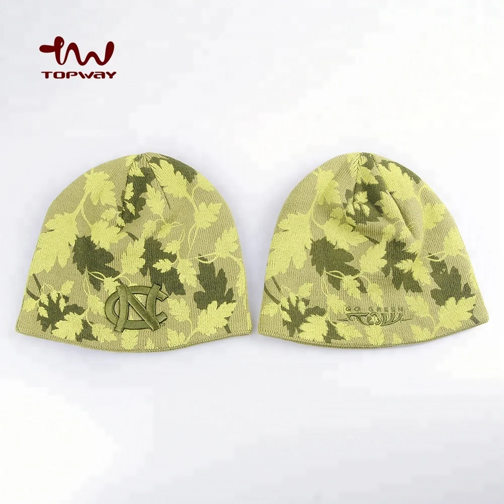 Wholesale Custom Tuque Men Winter Beanies Knitted Hats Manufacturers With Silk Printing Leaves Pattern