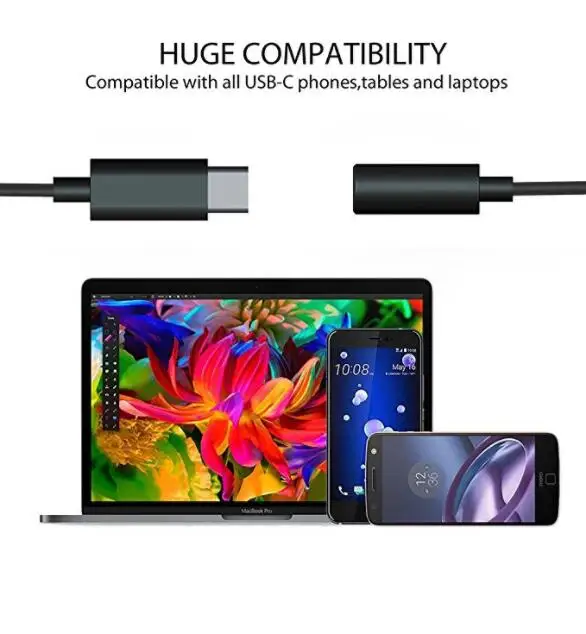 Black Type C/USB C to 3.5mm Headphone Audio Jack Adapter USB-C to 3.5mm Female Aux Microphone Cable for Cell Phones