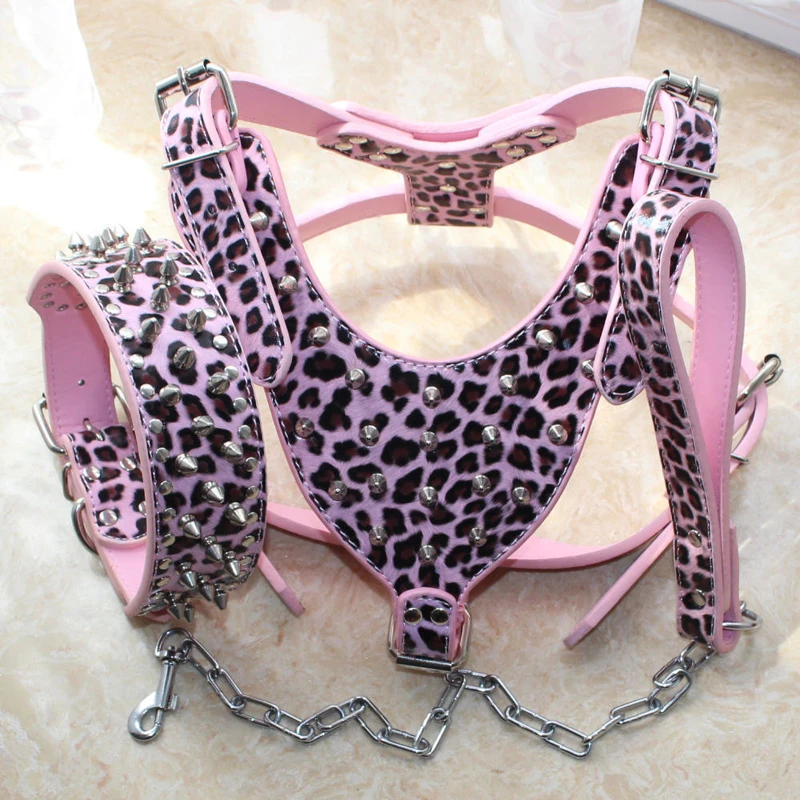 Wholesale OEM Manufacture PU Leather Dog Collar & Harness Leash Set Spiked Studded Pet Vest Accessories