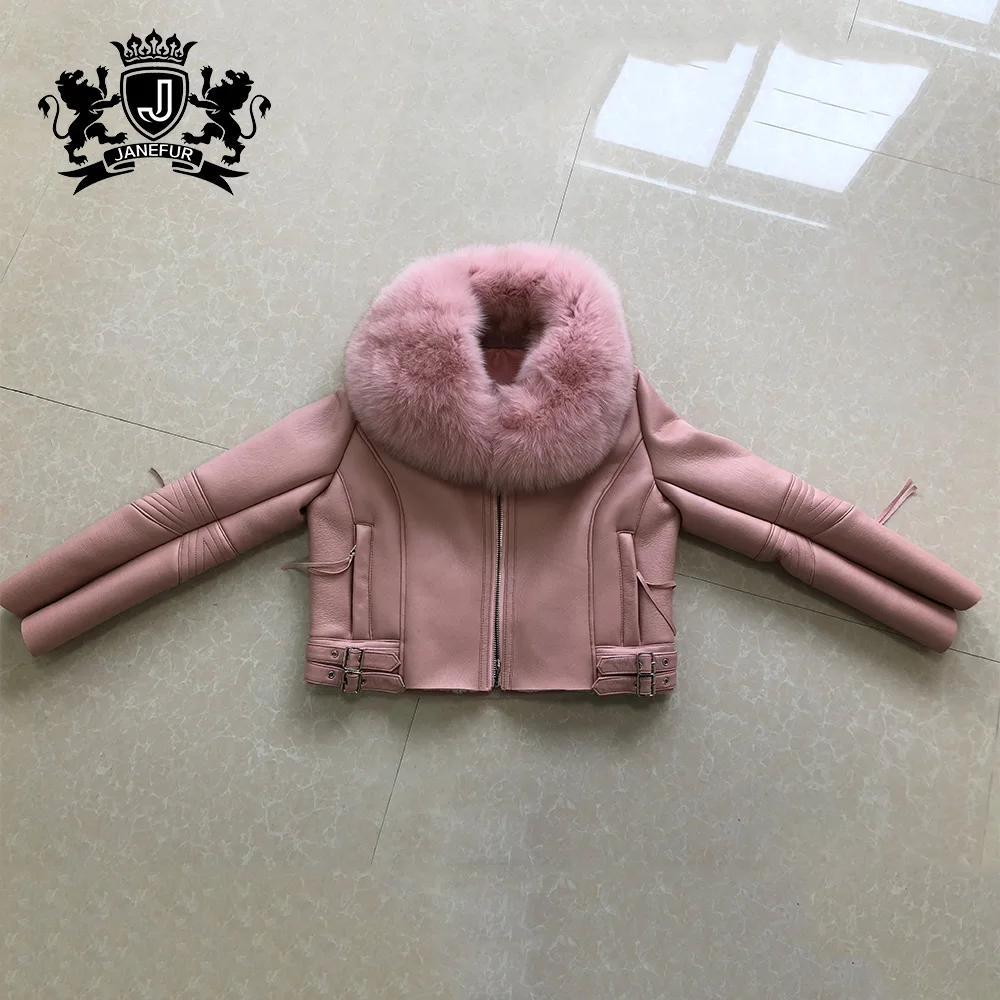 Girls short fur coat double faced real fox fur collars coat sheepskin leather jacket