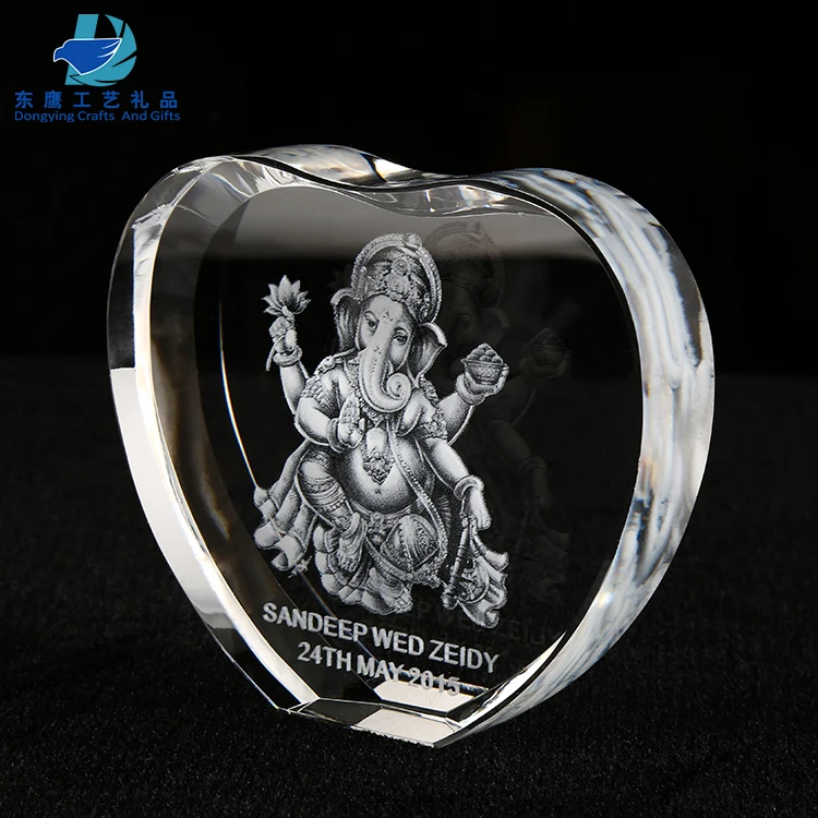 High Quality Heart Shape K9 Crystal 3D Laser Ganesha Crystal Figures