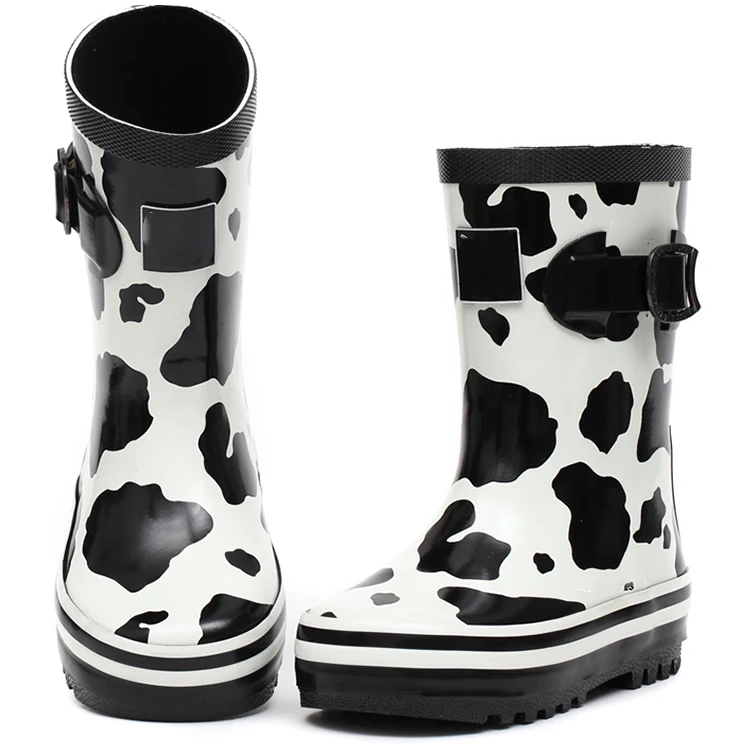 Fancy pattern online shop small moq black white cow print silicone rubber ankle child rain boots wellingtons with side buckle