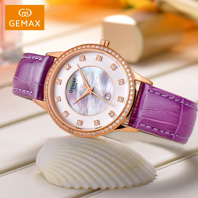 Charming Purpul fashion casual lady watch wholesale leather strap stainless steel quartz women wristwatch
