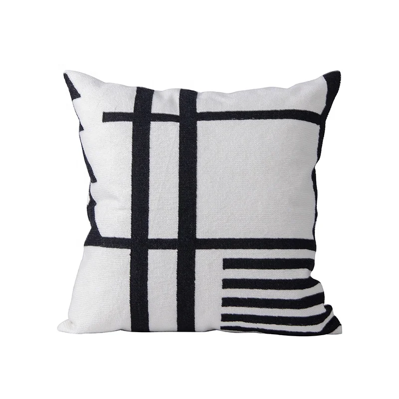 Monad 100% Cotton Black And White Geometrical Embroidery Throw Pillow Covers Square Cushion Case with Hidden Zipper