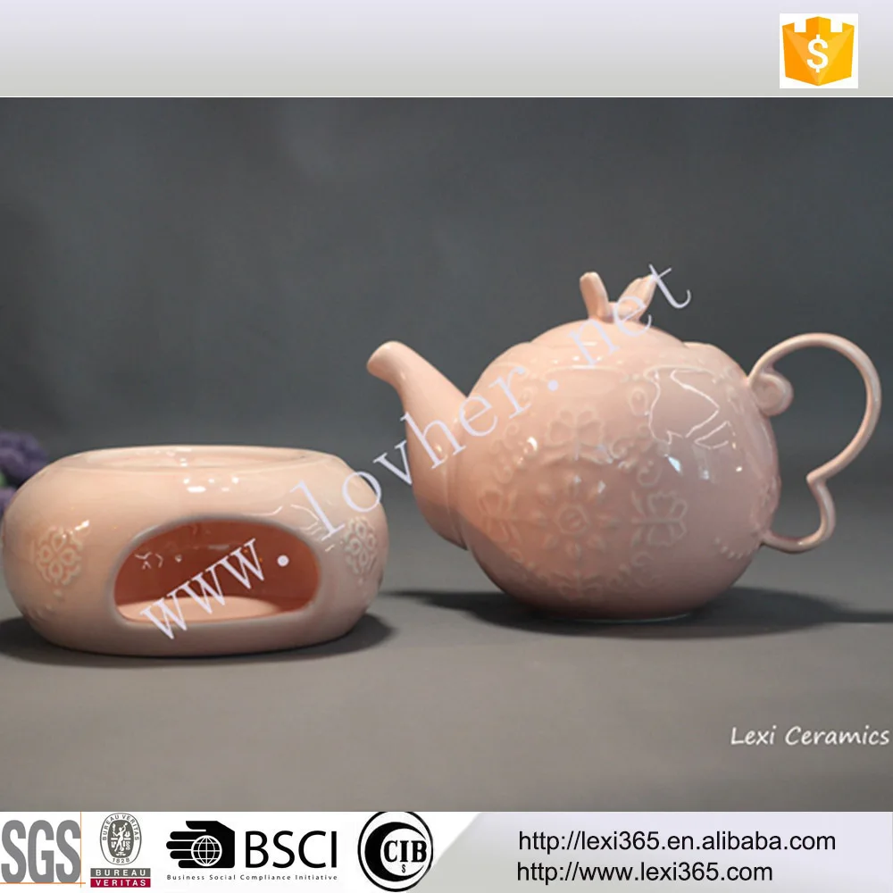 Elegant embossed new bone porcelain heated teapot with warmer for tea set Romantic sweet style