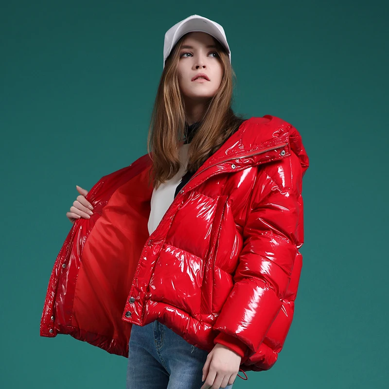 Wholesale Winter Jacket Women Fashionable Shiny Bubble Coat Short Sleeves Hooded Collar Waterproof Featuring Decorative Pocket