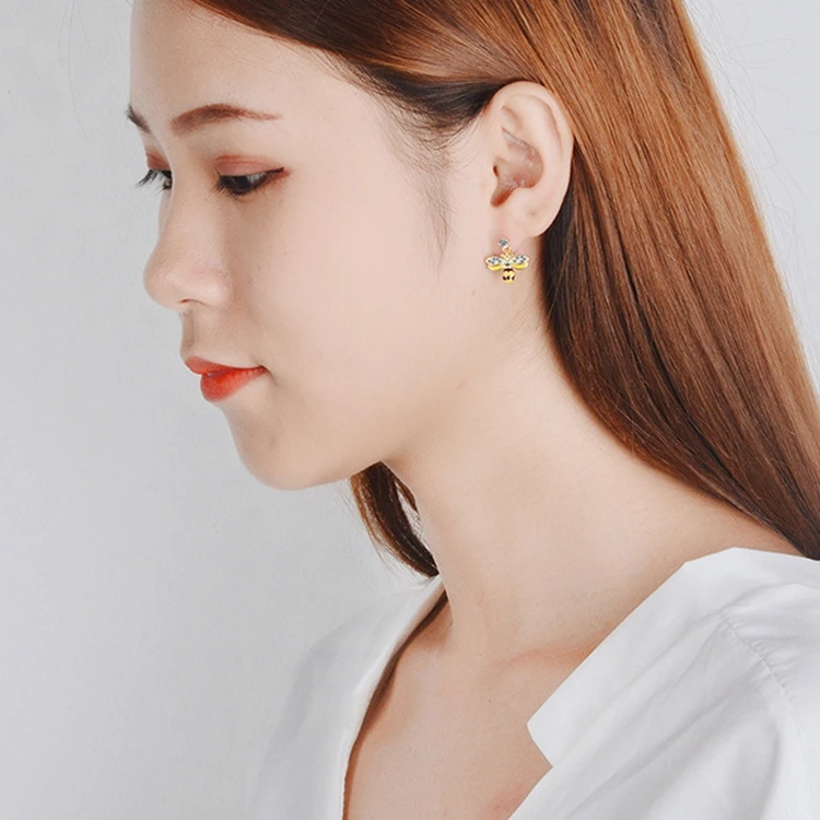 JER-194012 Gold Plated Pave Zirconia Stones Enamel Bee Shaped Brass Stud Earrings for Wholesale