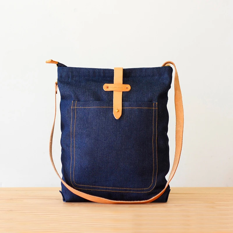 Manufacture Canvas Messenger Bag Foldable Denim Canvas Tote Bag with Leather Handle