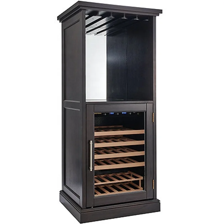 Antique Oak Wood Wine Cooler Cabinet Chiller Home Bar Furniture Cellar with Fridge Countertop Refrigerator Rack Free Standing