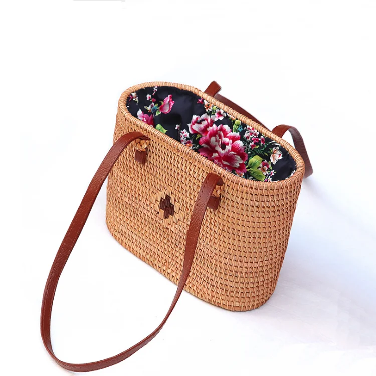 Bali Fashion Flower Lining Women Small Raw Beach Rattan Tote Bag For Vacation
