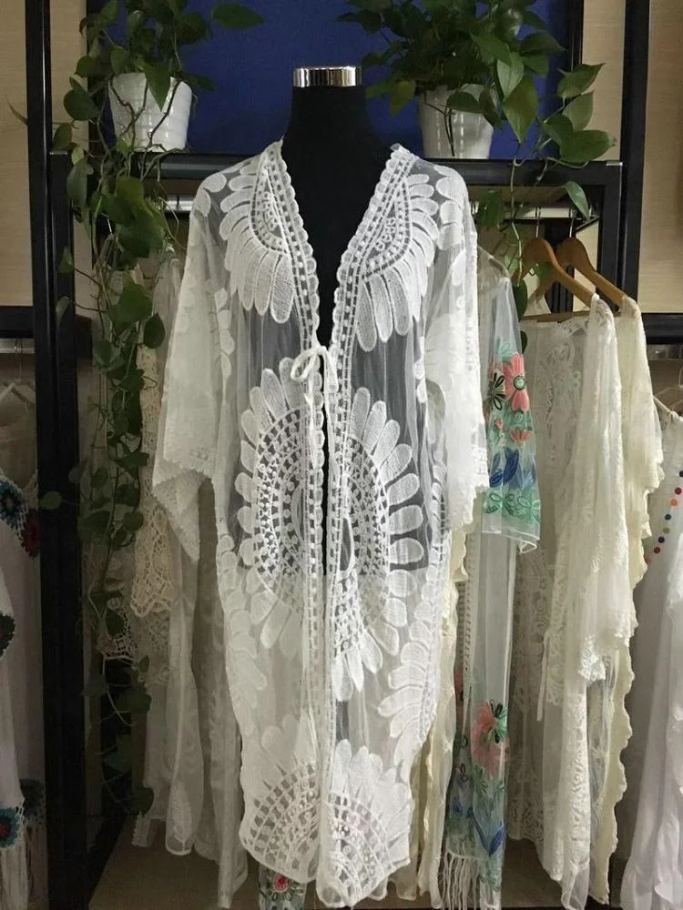 Fashion lady summer beach blouse crochet lace neck Cover up beach Blouse manufacturer