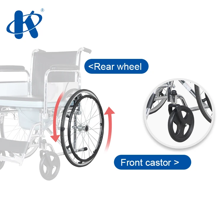 KY681 Flip up PVC armrest Detachable footrest steel Toilet Wheelchair High Configuration Deluxe Commode Wheelchair
