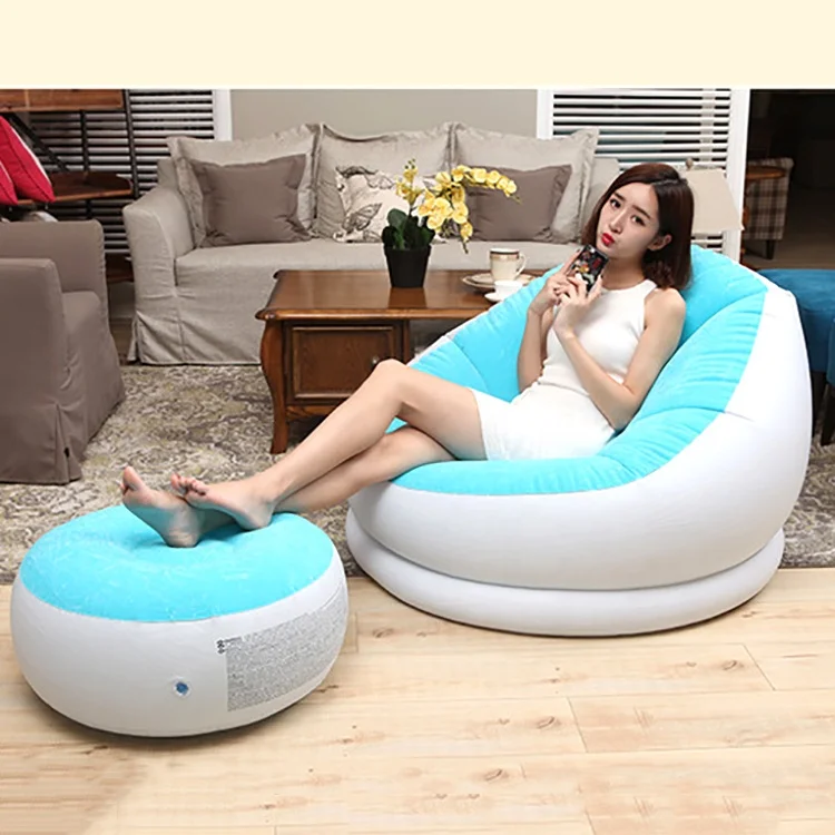 Inflatable Sofa Lounge Air Chair Indoor Outdoor Living Room Flocked PVC With Foot Rest Ottoma Stool