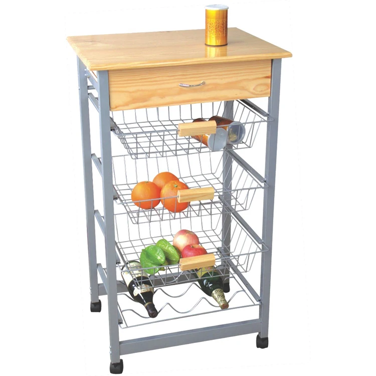 
Hot Sales Pine Wood Kitchen Trolley With Baskets 