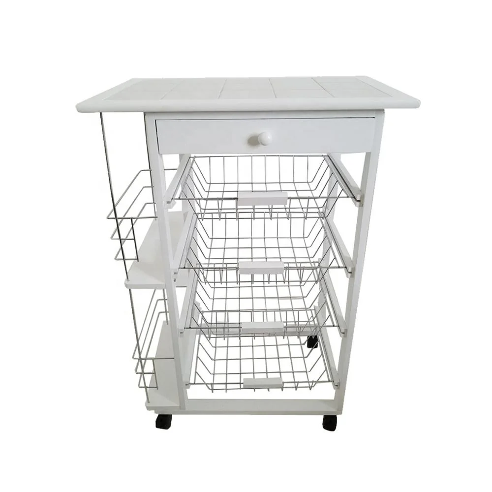 
White Kitchen Trolley Cart With Tile Top 