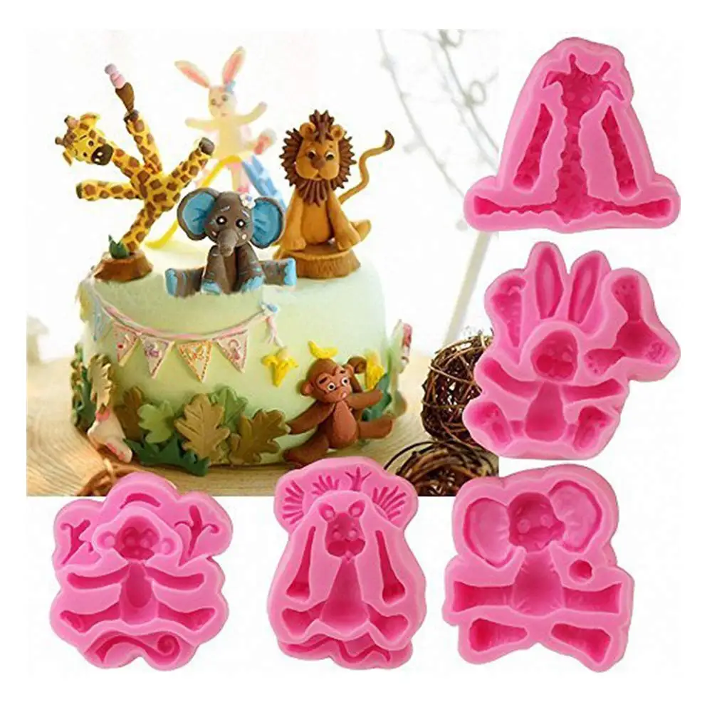 Africa Animals Fondant Molds Set-Zoo Themed Giraffe Rabbit Elephant Lion Monkey Silicone Cake Mold for Resin Decorating Tools