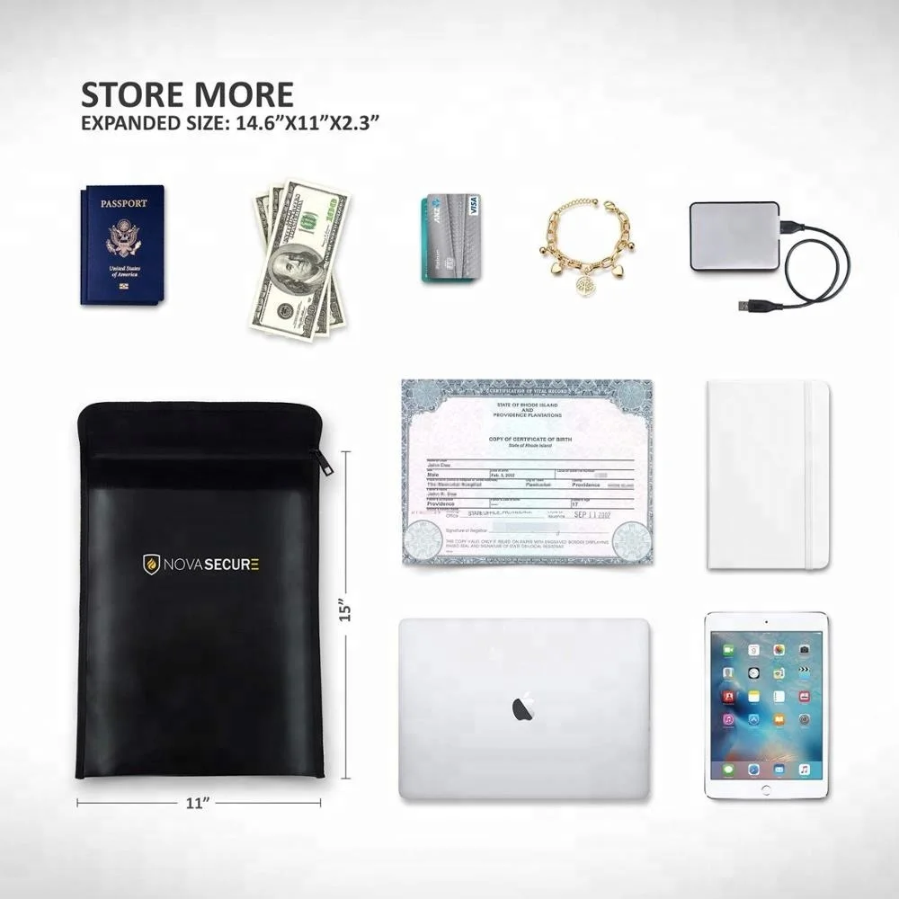 Non Itchy Silicon Coated Fiberglass Water and Fire Resistant Fireproof Document Bag for Money , Documents , Jewelry and Passport