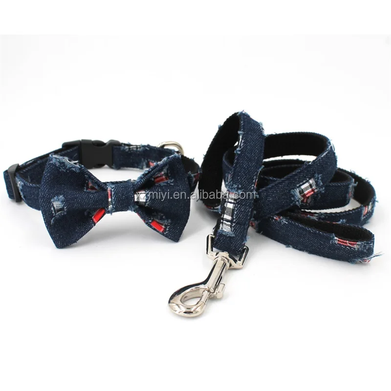 
DIY customized Denim dog collar with bowtie& leash,Soft Padded puppy&cat pet accessories 