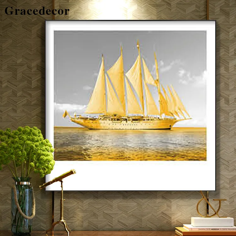 Gold Crystal Luxury Ship And Sea Painting Sail Ship Art Painting