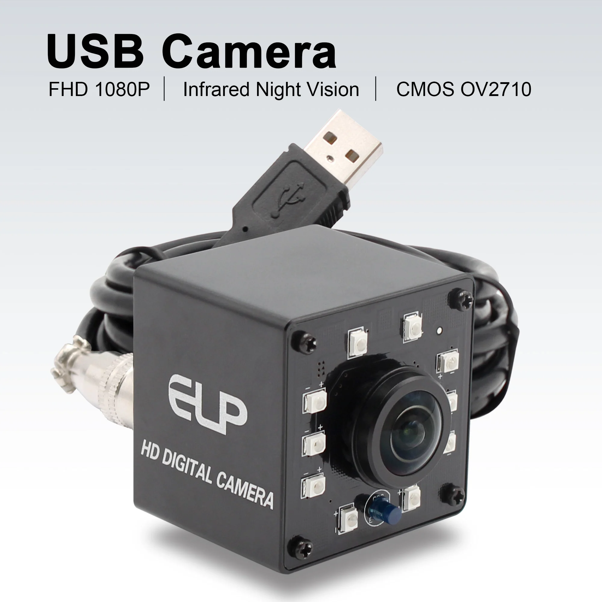 ELP Wide Angle Fisheye Lens Full HD 1080P 30fps CMOS OV2710 Night Vision Free Driver USB Webcam Camera With LED