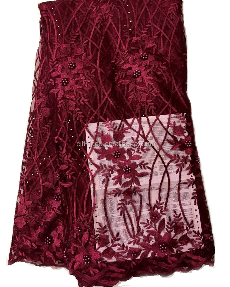 Cheap price Popular design lace fabric african beads lace polyester material J872-10