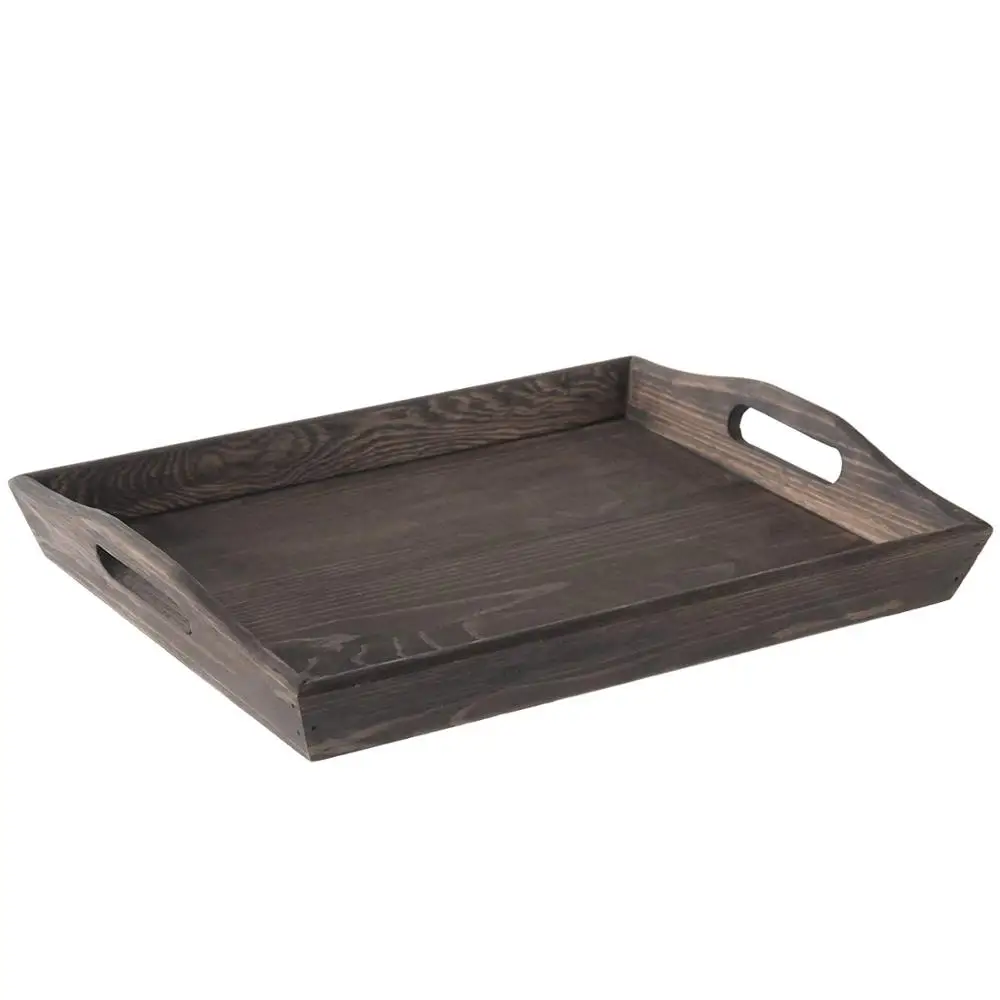 
Rustic Coffee Brown 16-inch Wooden Breakfast Serving Tray with Oval Cutout Handles 