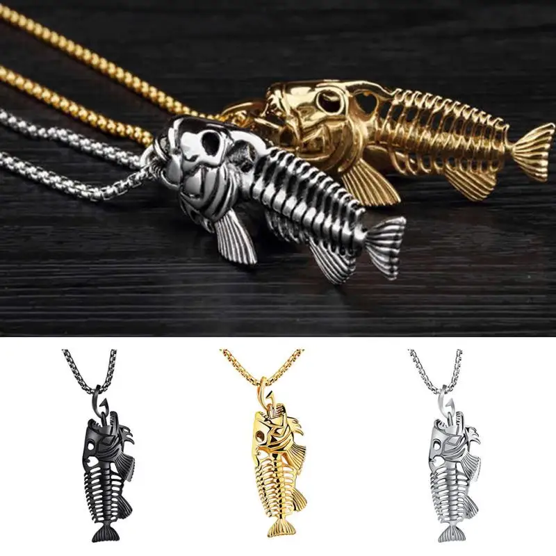 Skeleton Fish Stainless Steel Chain Fish Bone Necklace Pendant