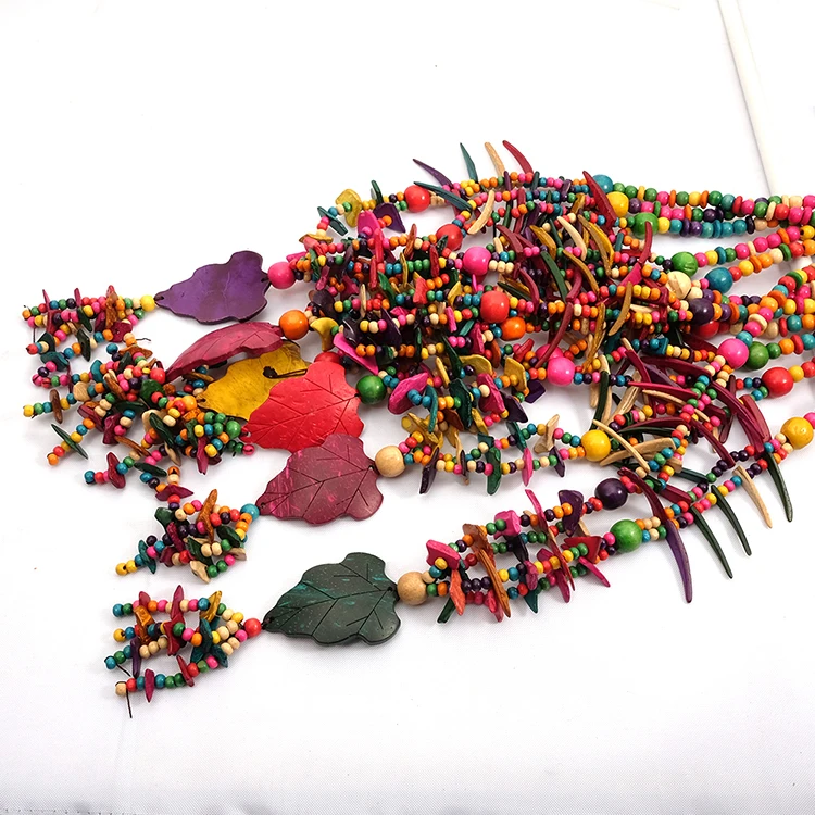 Wholesale Multi Color Coconut Shell Bohemian Necklace for Women Knit Handmade Wood Beads Ethnic Long Tree Leaf Pendant Necklace