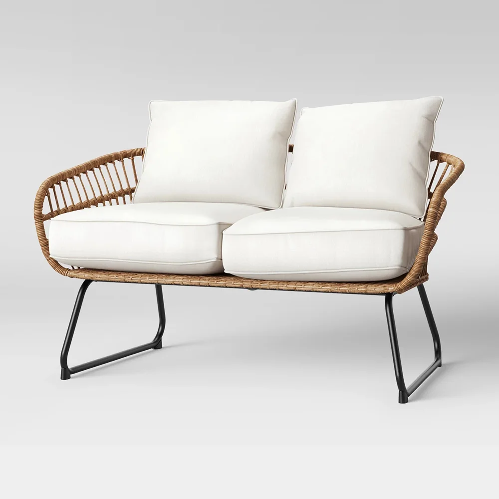 Outdoor Scene All-weather Wicker Patio Loveseat Sofa with Thick Seat and Back Cushions