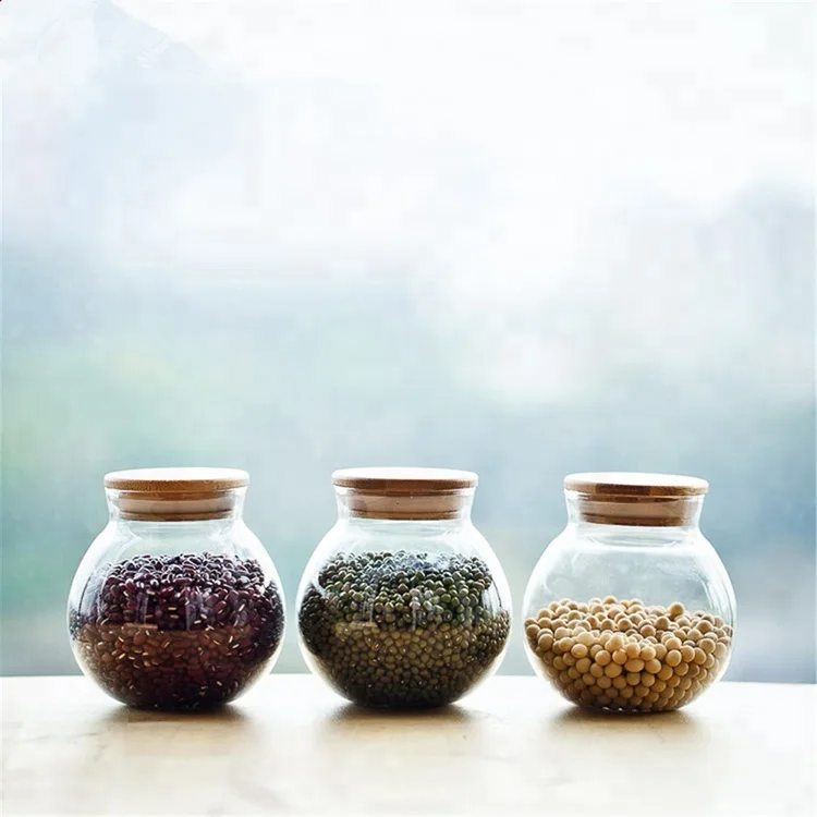 high borosilicate eco-friendly small round glass jar with wooden top