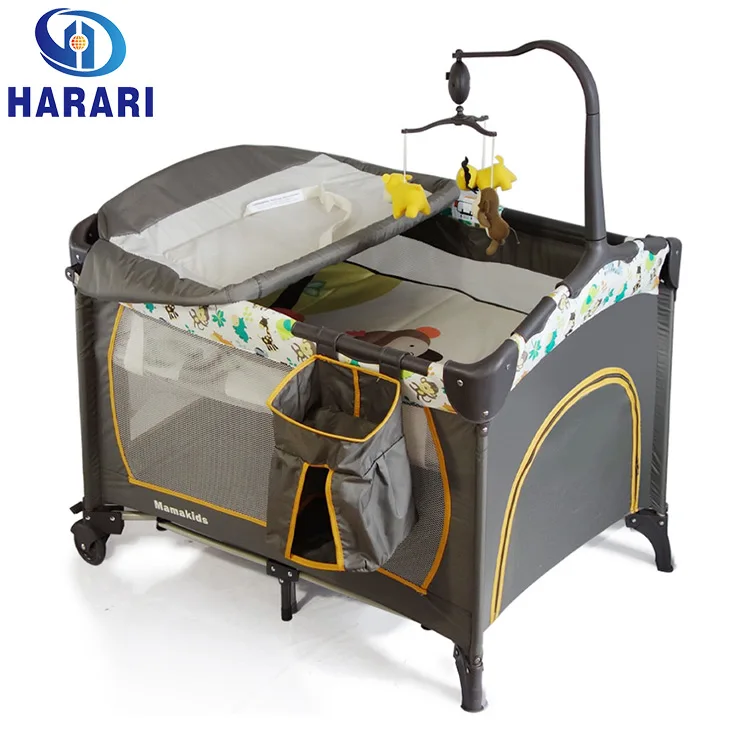 factory cheap Foldable baby cot playpen with music and toys bar