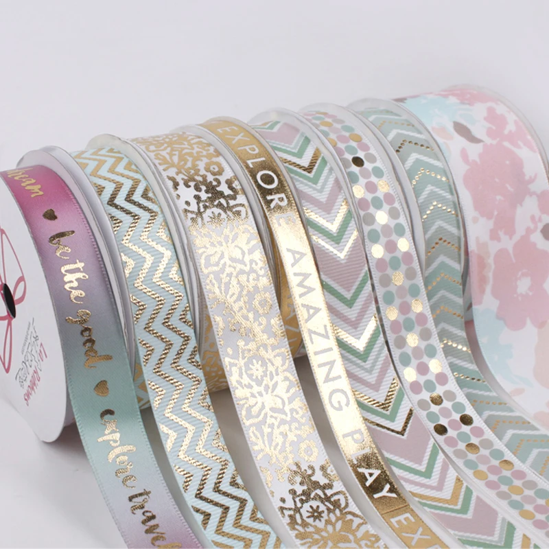
High Grade Screen Ink & Metallic Gold Foil Printed Satin Grosgrain Ribbon 