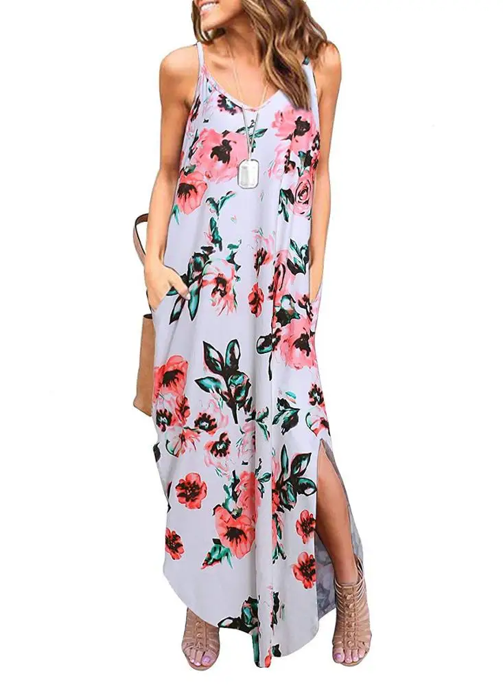 
hot sale plain boho floral maxi dress summer hot night evening shoulder straps splits knitted poly long casual dress women 