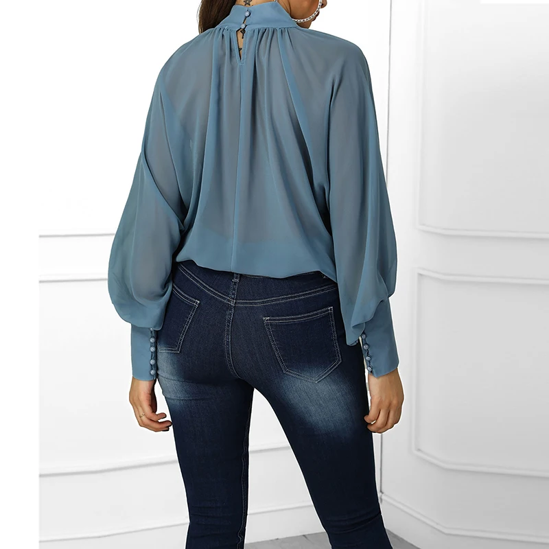 ladyHigh Neckline Lantern Sleeve Wide Cuff Ruched Blouse  back  buttonclosure long sleeve straight hem holiday evening
