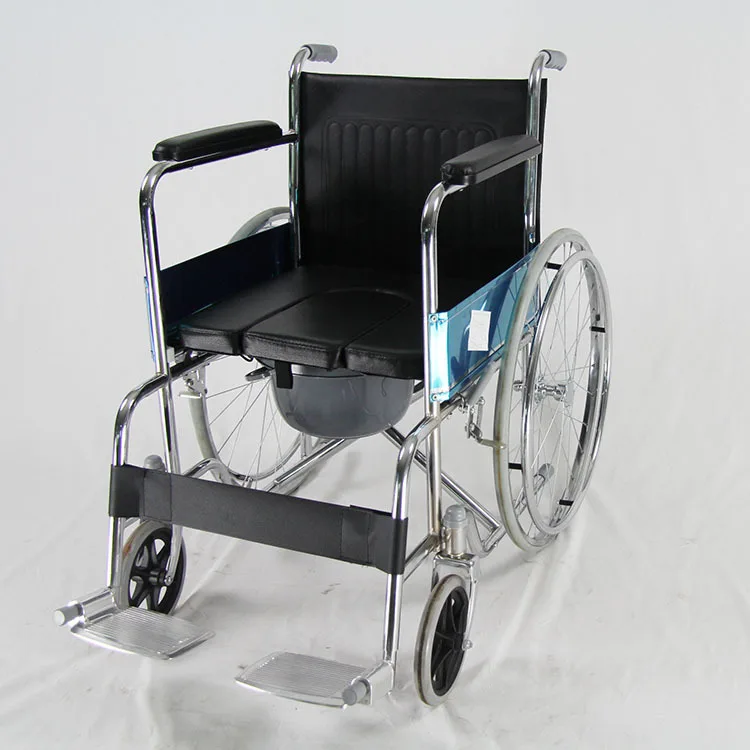 Folding commode wheelchair with leather U shape seat with bucket