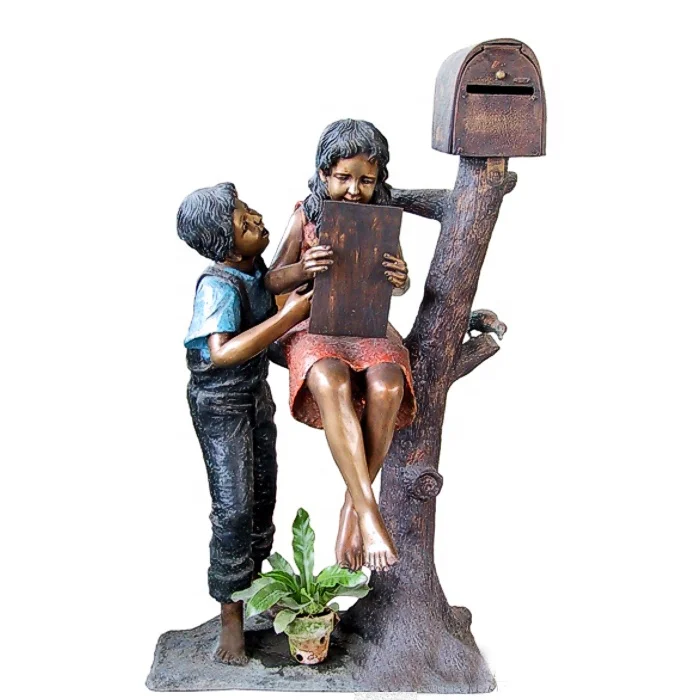 Home Garden Decoration Bronze Figure Sculpture Reading Boy Mailbox Statue Sit On Tree With Dog