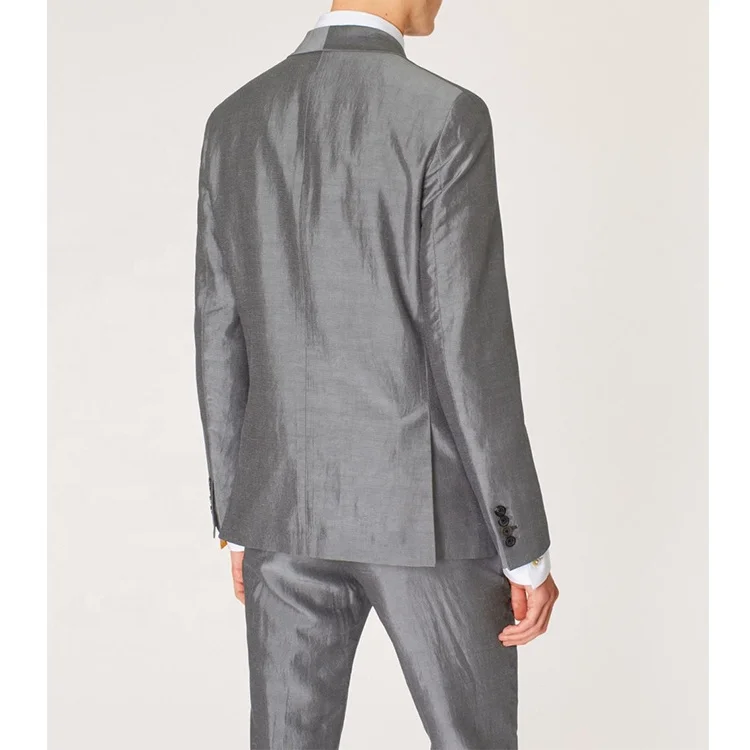 silver shiny gorgeous luxury exquisite slim MTM dress tuxedo wedding party linen light grey iron silk suit men