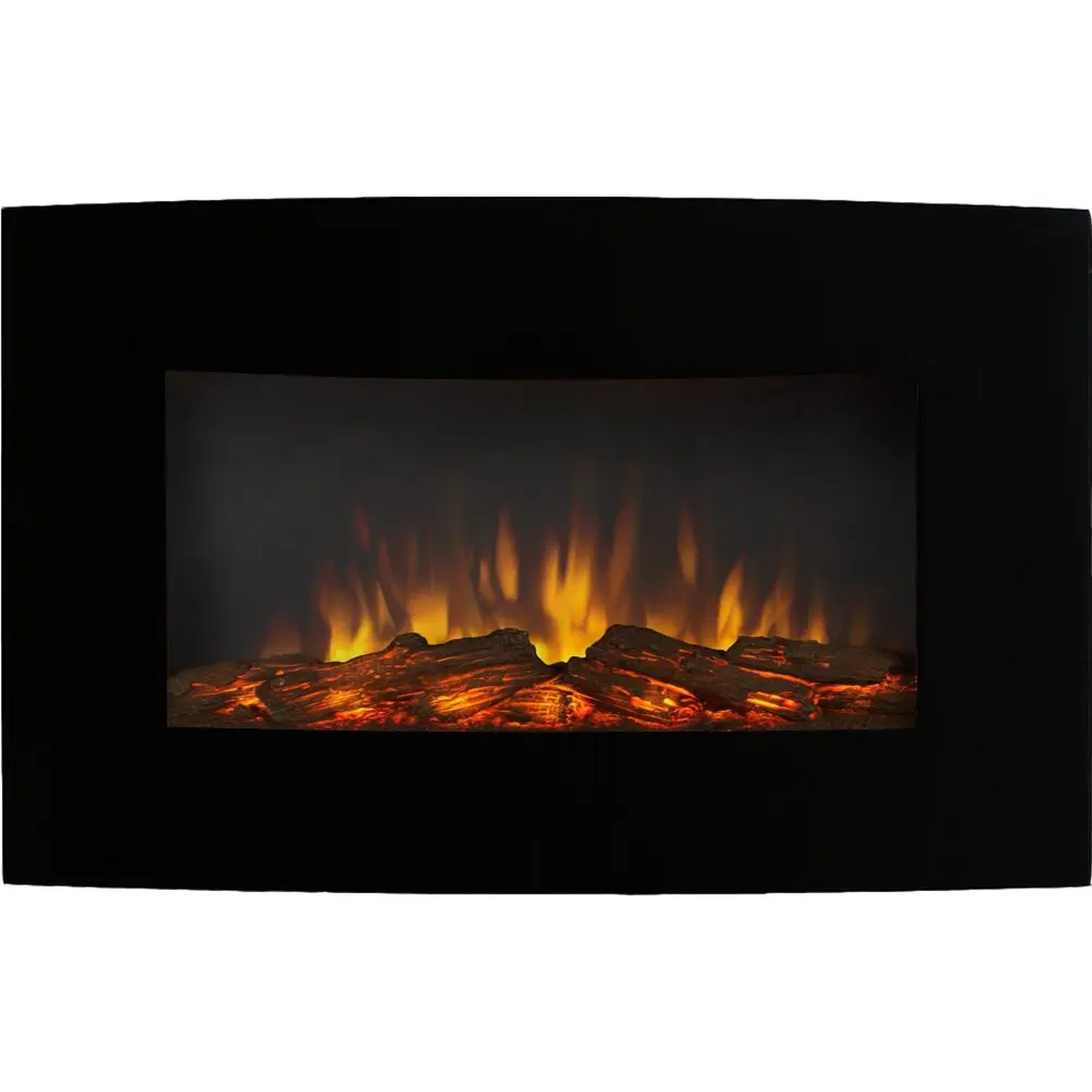 26 Inch Ventless Heater, Flat Toughened Glass Panel, Log Effect Fuel Bed- Electric Wall Mounted Fireplace
