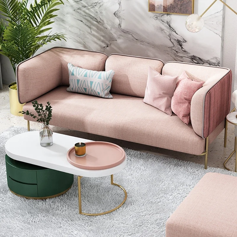 Wholesale Modern Furniture Living Room Metal Leg Pink 2 or 3 Seater Sectional Fabric Sofa