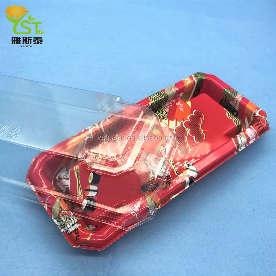 disposable takeaway black sushi tray with lid boat vacuum plastic sushi packaging