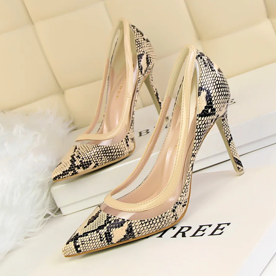Fashion Snake Pu Leather Classics Stiletto High Heels Mature Sexy Ladies Footwear