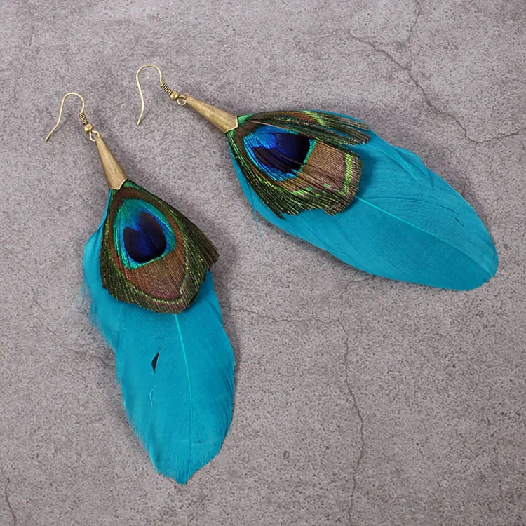 Fashion jewelry long blue peacock feather sexy earrings