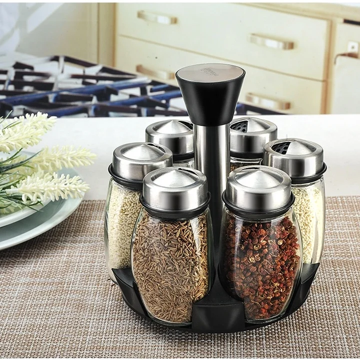 High quality stainless steel Rotary  Spice Jar set Glass condiment pot/bottle with spice rack