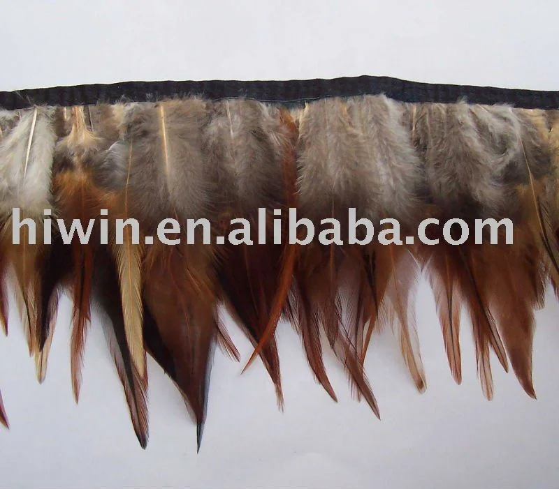 China Feather factory wholesale Natural Red Rooster Saddle Feather Fringe trim with satin ribbon tape